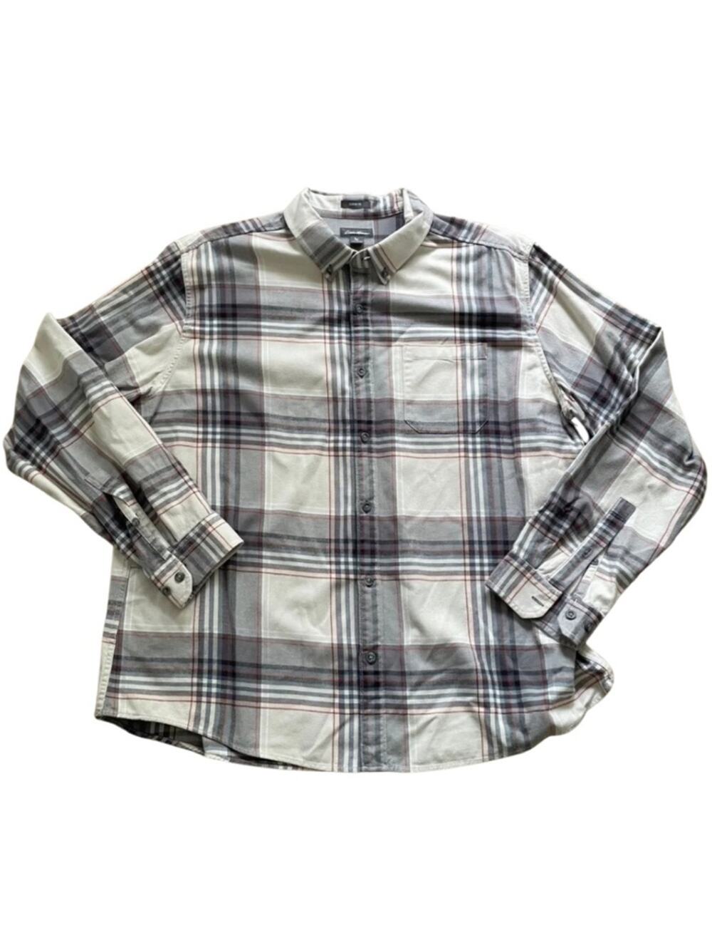 Eddie Bauer XXL Plaid Button-Down Shirt in White, Gray/ Burgundy Casual # 0005